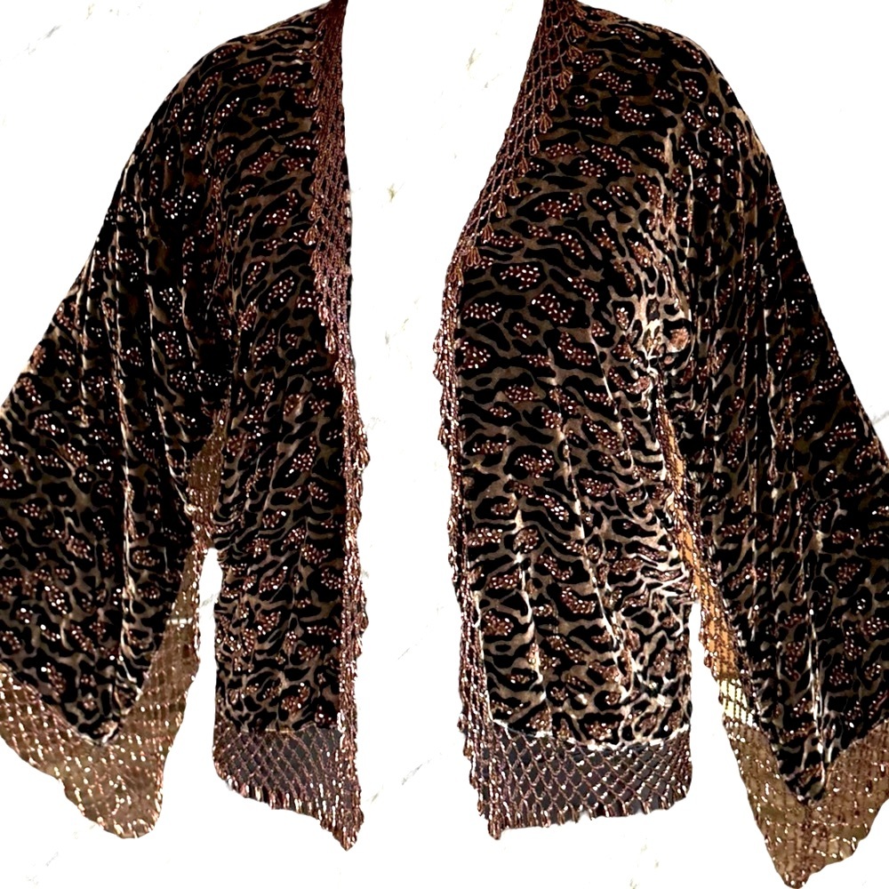 Kite and Butterfly Silk Rayon Velvet Hand Beaded Cardigan Size Extra Large